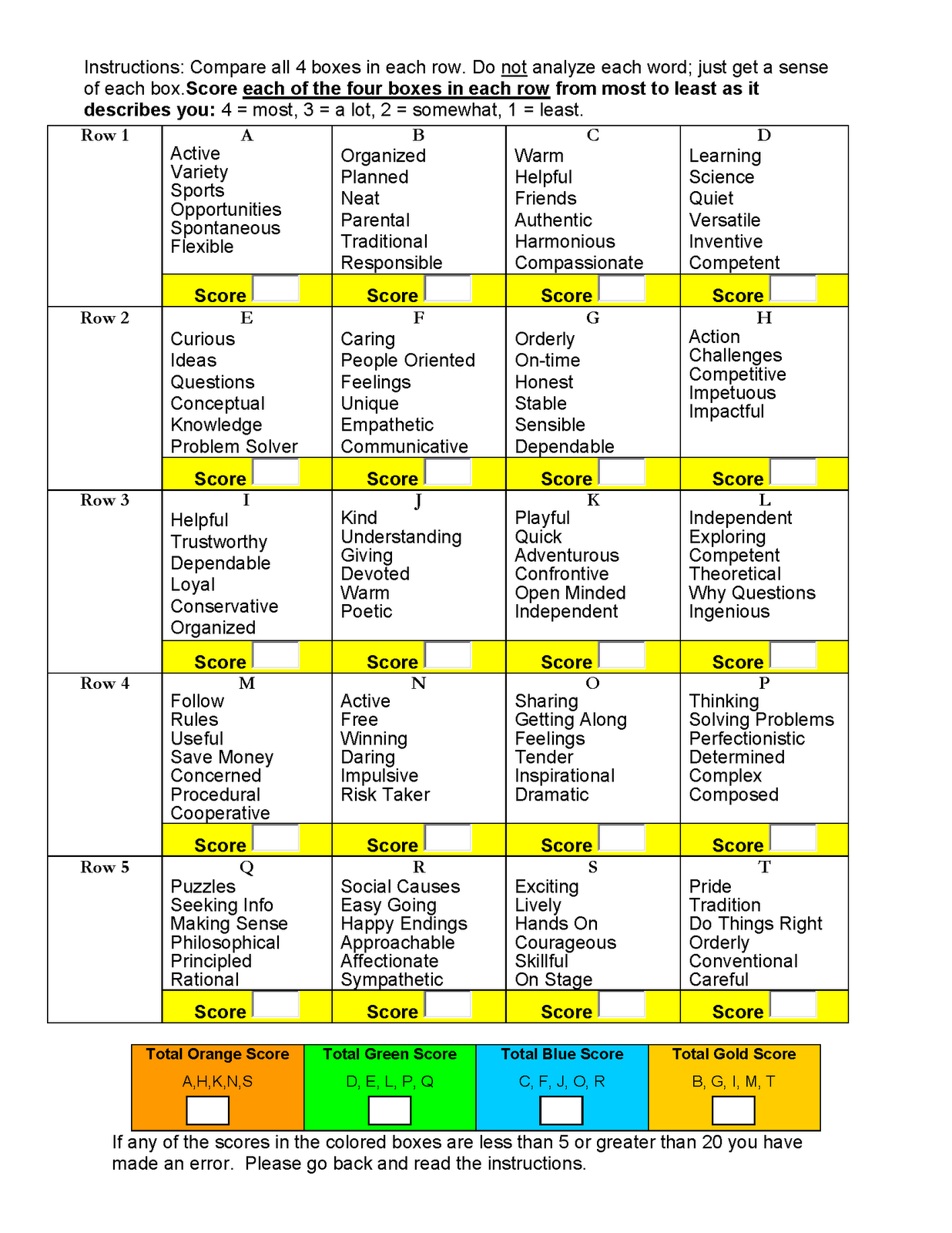 True Colors Personality Test inside Free Printable Personality Test