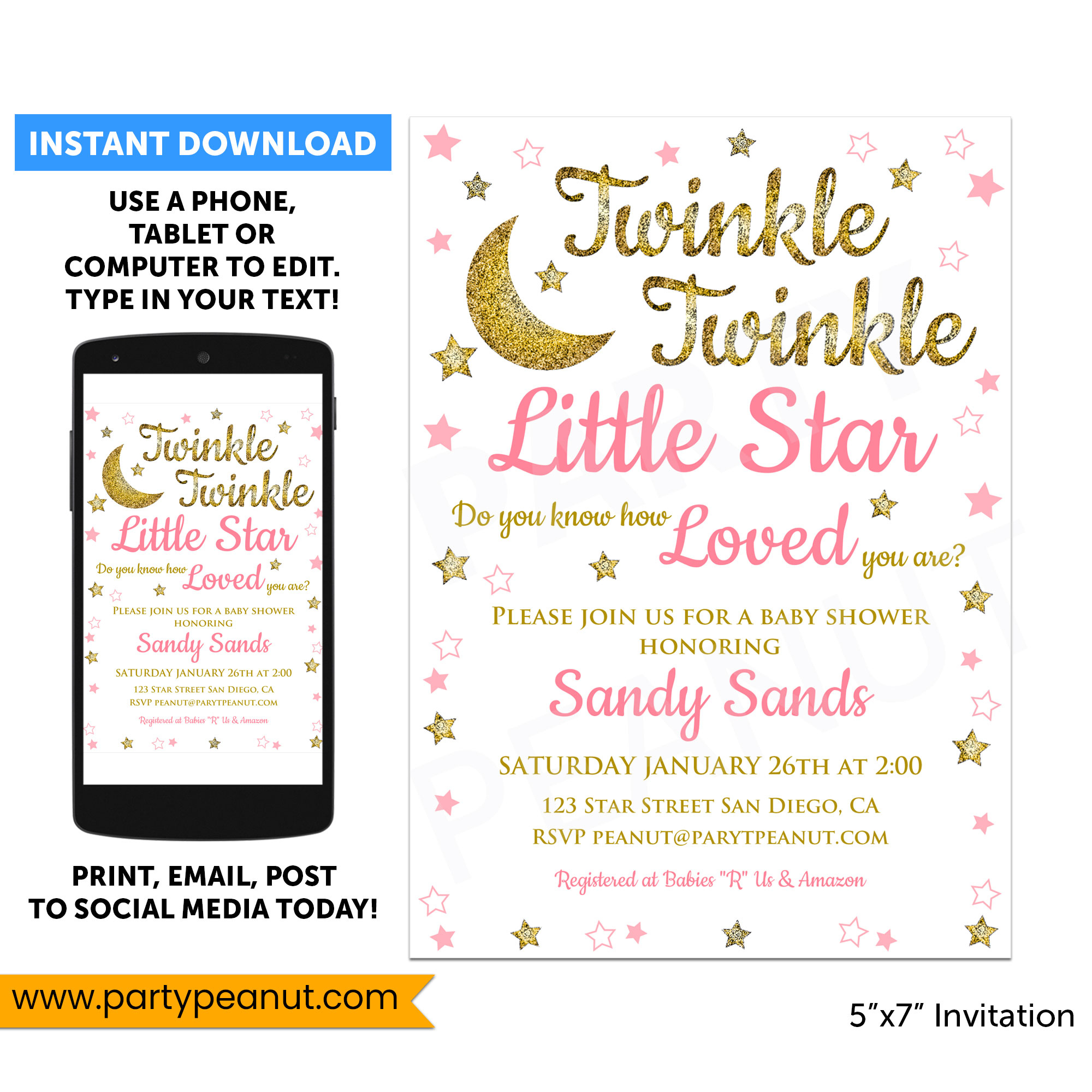 Twinkle Twinkle Little Star Baby Shower Invitation Printable intended for Twinkle Twinkle Little Star Baby Shower Free Printables