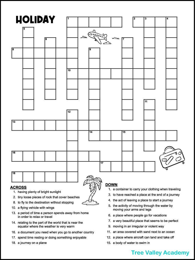 Vacation Crossword Puzzles - Tree Valley Academy regarding Free Printable Crossword Puzzles for Adults