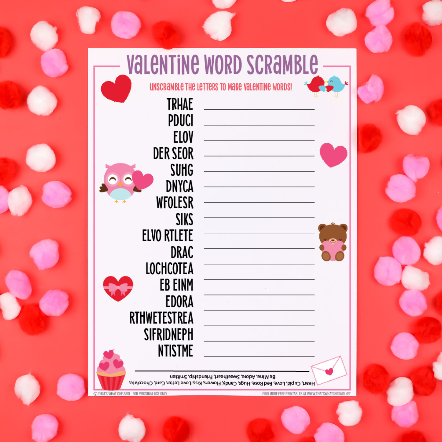 Valentine&amp;#039;S Day Word Scramble + 20 Free Valentine Printables for Free Printable Valentine Word Games