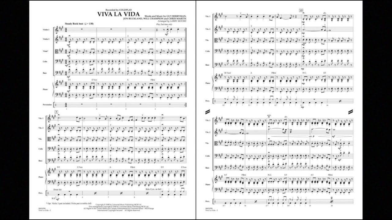 Viva La Vida Arrangedlarry Moore regarding Free Printable Violin Sheet Music for Viva La Vida