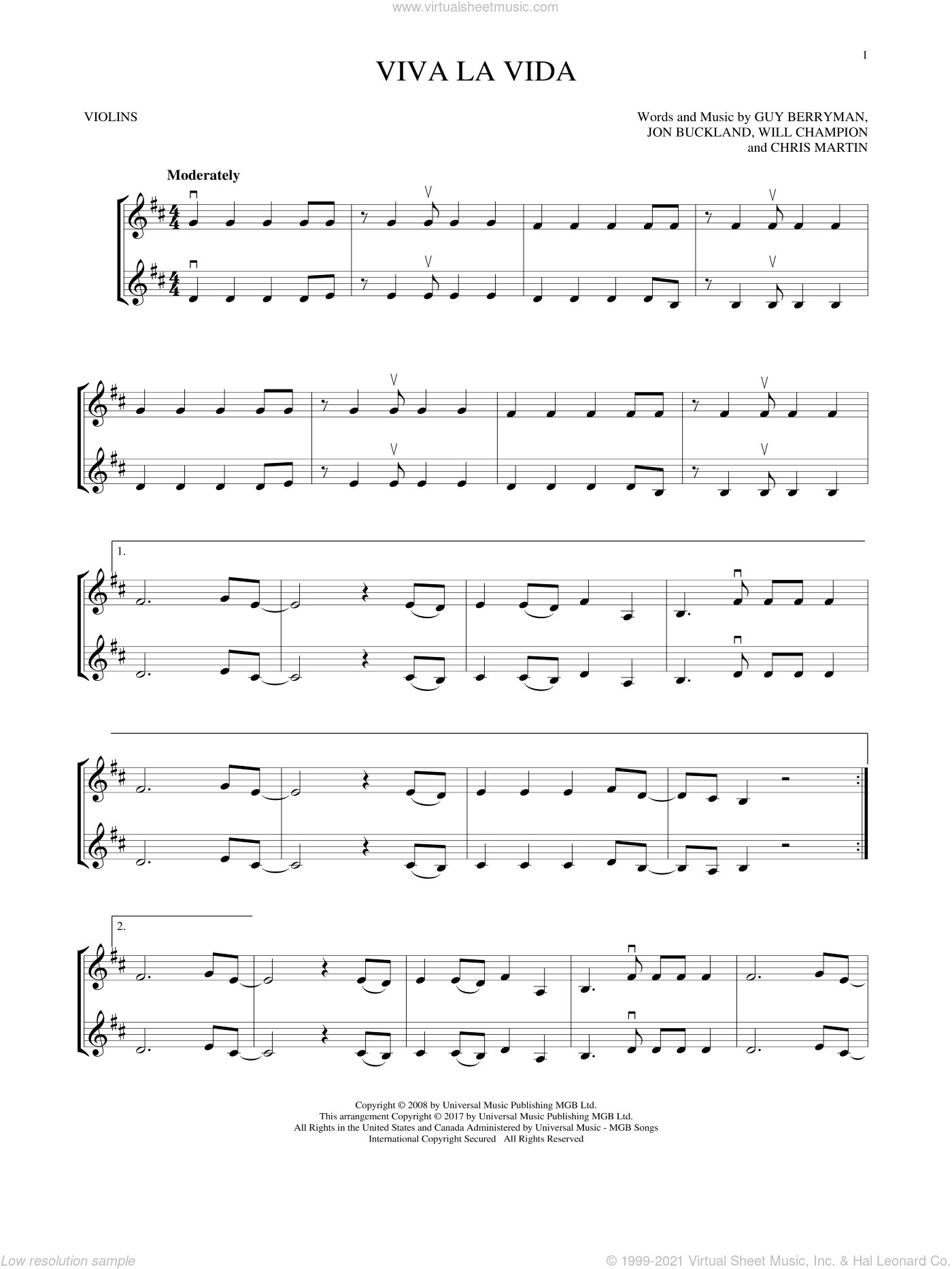 Viva La Vida Sheet Music For Two Violins (Duets, Violin Duets) throughout Free Printable Violin Sheet Music for Viva La Vida