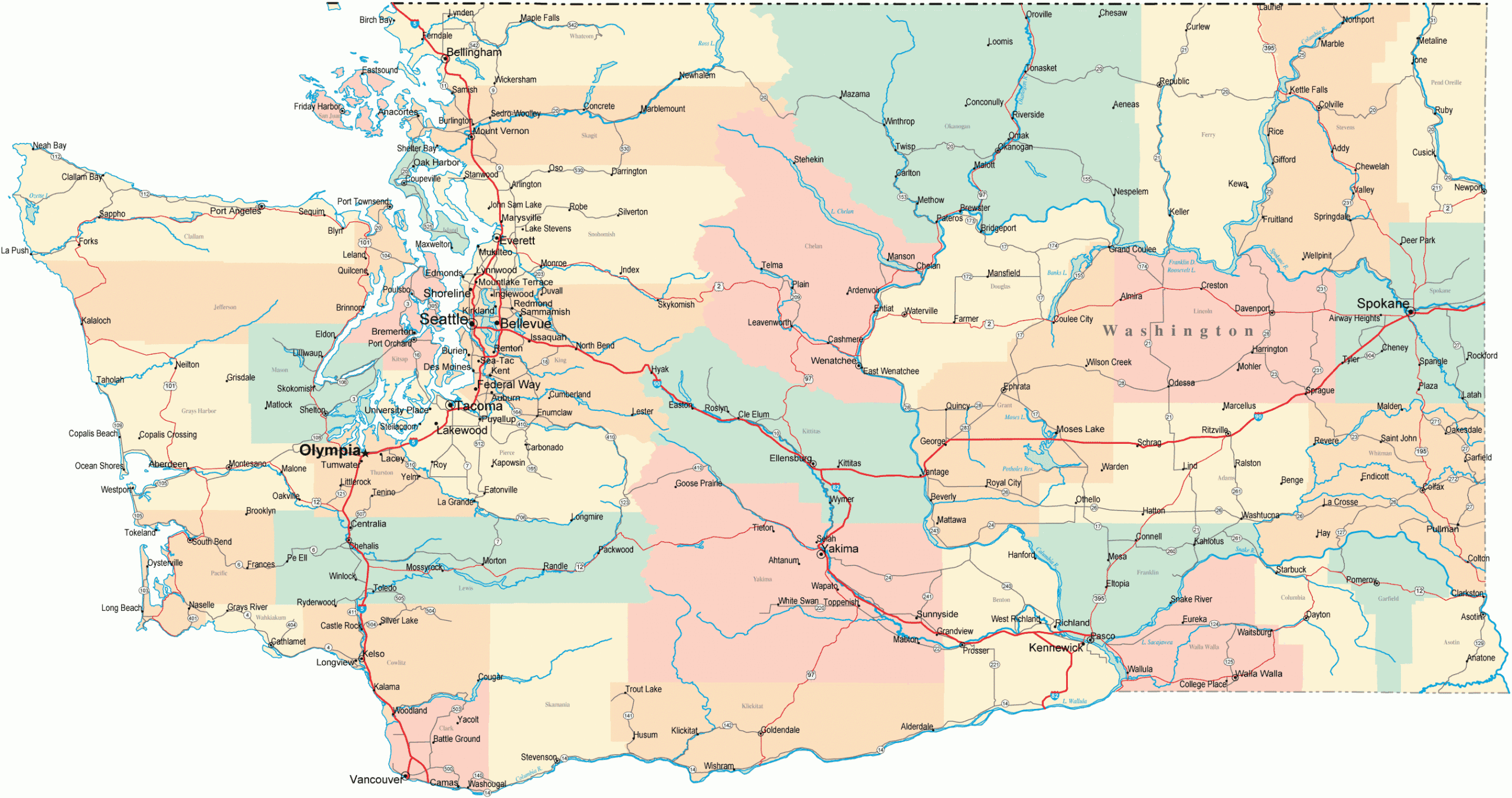 Washington Road Map - Wa Road Map - Washington Highway Map for Free Printable Map Of Washington State