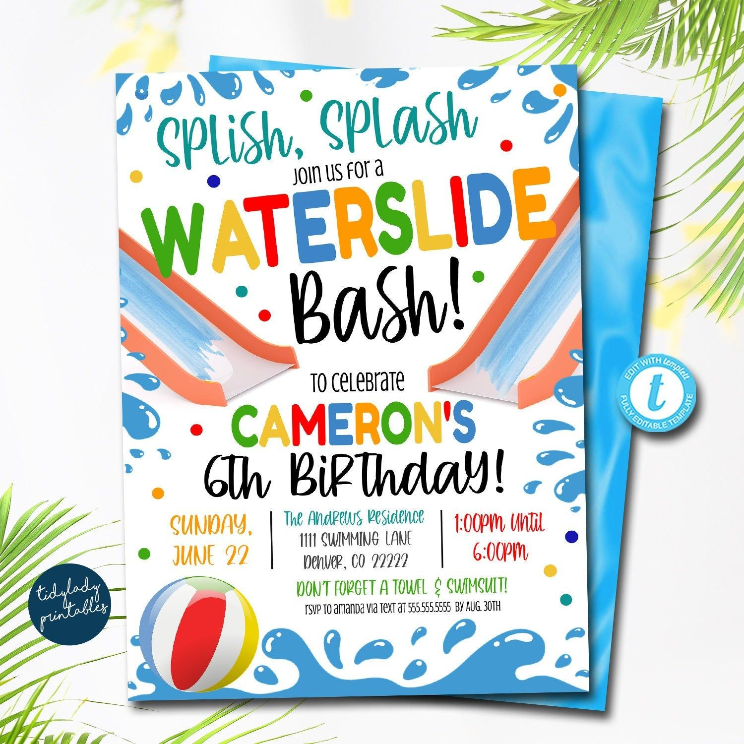 Water Slide Birthday Invitation,Backyard Waterslide Splash Digital for Free Printable Water Birthday Party Invitations