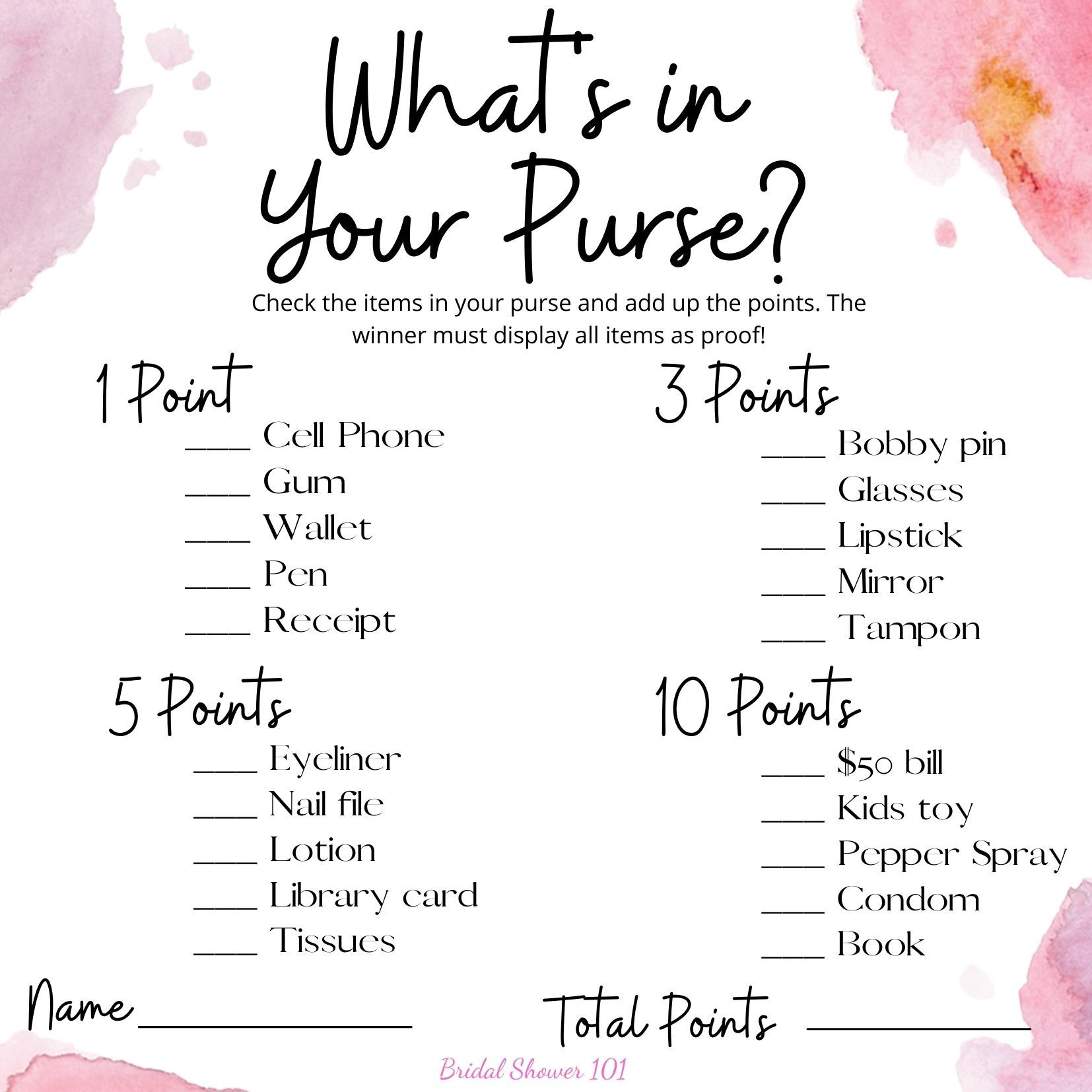 Whats In Your Purse | Bridal Shower Games Free Printables, Whats in Free Printable Bridal Shower Games What&amp;amp;#039;s in Your Purse