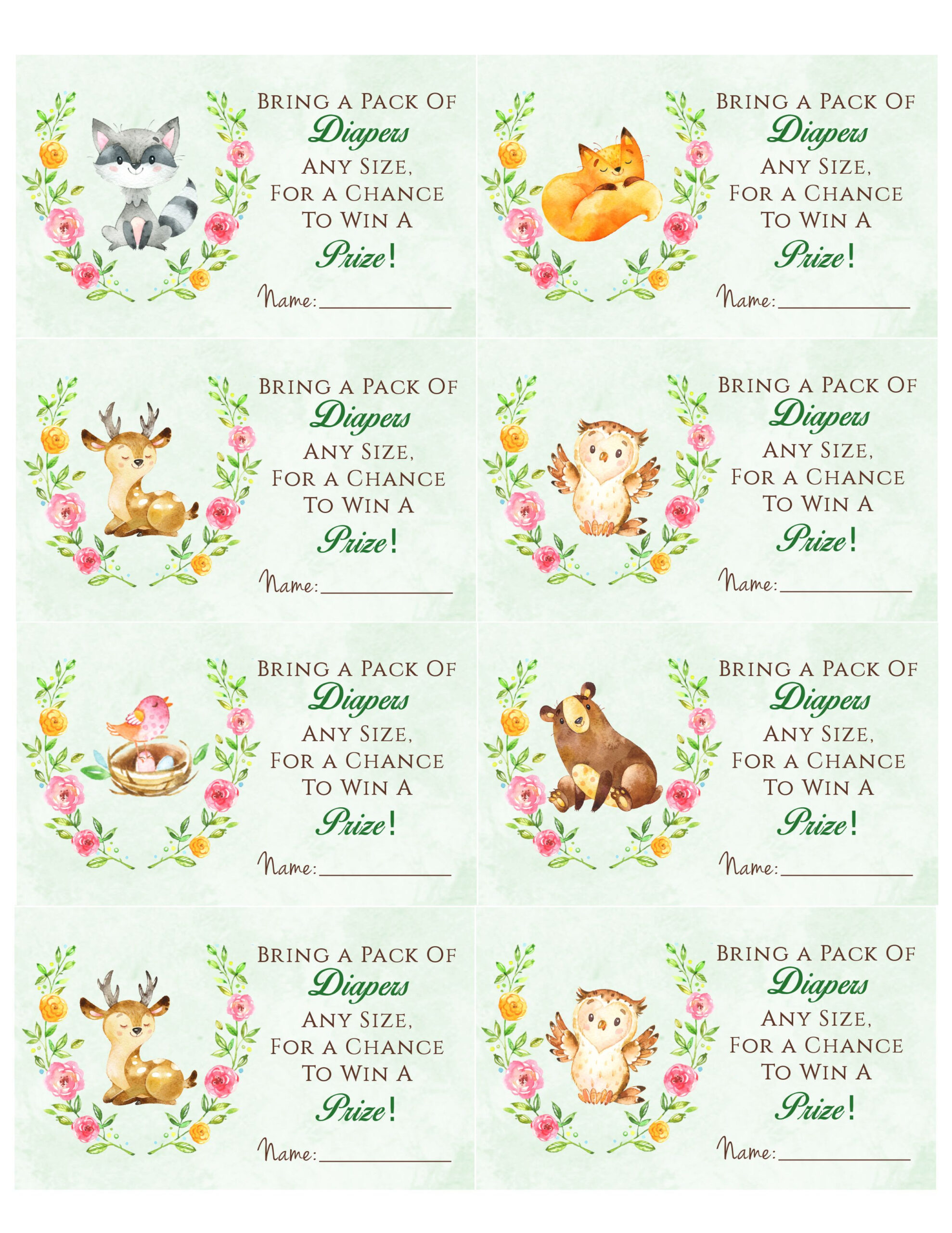 Woodland Animal Baby Shower Diaper Raffle. Free Printable | Animal throughout Free Woodland Baby Shower Printables