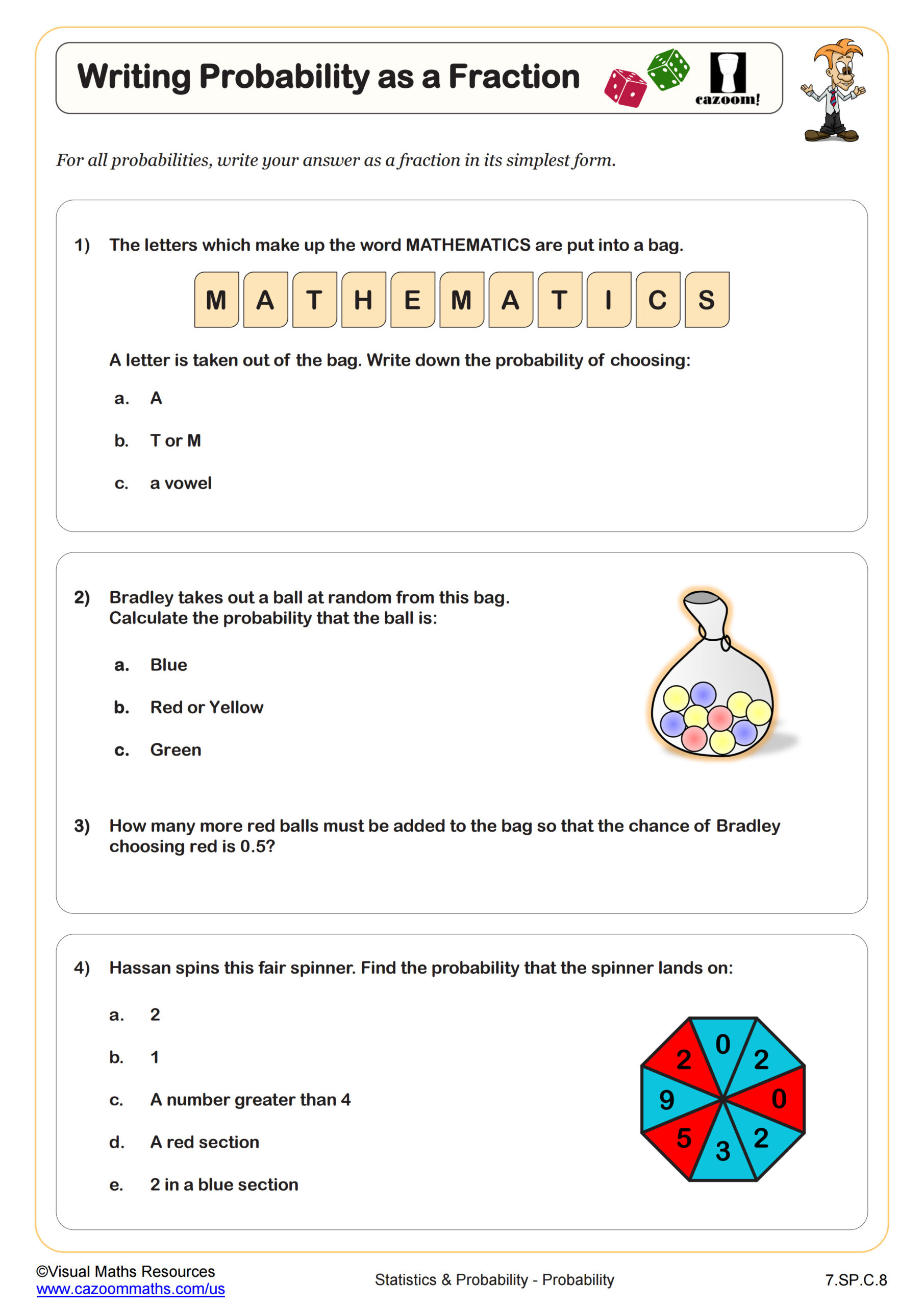 Writing Probability As A Fraction Worksheet | Pdf Printable throughout Free Printable Probability Worksheets 4Th Grade