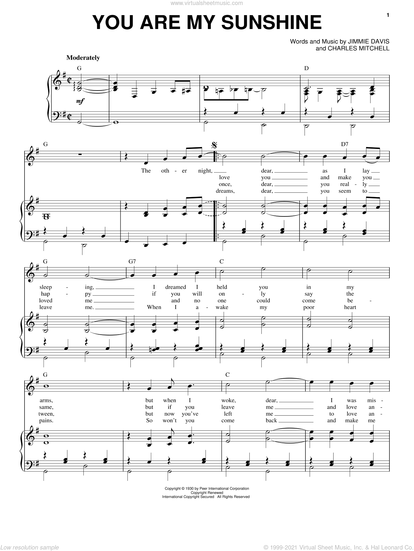 You Are My Sunshine Sheet Music For Voice And Piano (Pdf) inside Free Printable Piano Sheet Music For You Are My Sunshine